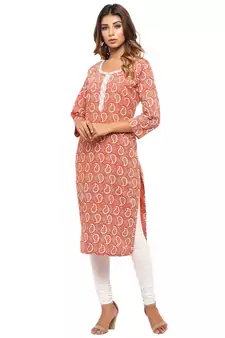 Orange printed cotton kurti