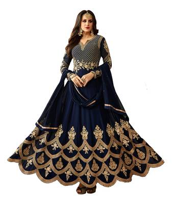  Midnight blue embroidered faux georgette Anarkali suit 1
