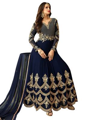  Midnight blue embroidered faux georgette Anarkali suit 2