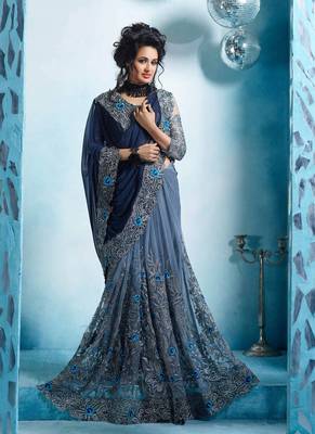 Grey embroidered net saree with blouse 1