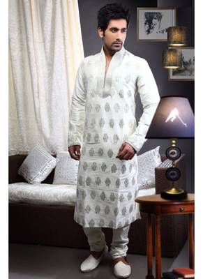 Cream Embroidered Art Dupion Silk Mens Kurta Pajama 1