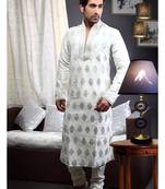 Cream Embroidered Art Dupion Silk Mens Kurta Pajama