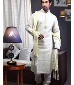 Cream Embroidered Art Dupion Silk Mens Kurta Pajama