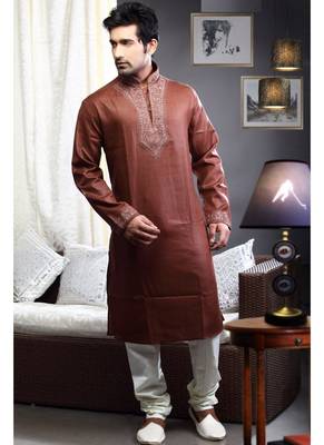 Rust Embroidered Art Dupion Silk Mens Kurta Pajama 1