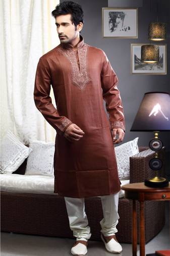 Rust Embroidered Art Dupion Silk Mens Kurta Pajama