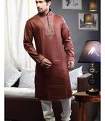Rust Embroidered Art Dupion Silk Mens Kurta Pajama