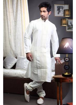Off White  Embroidered Art Dupion Silk Mens Kurta Pajama 1