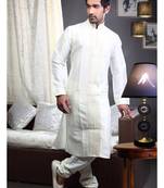 Off White  Embroidered Art Dupion Silk Mens Kurta Pajama