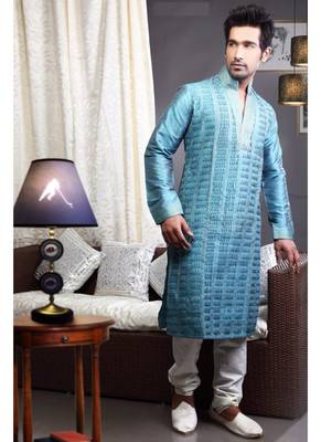 Rama Blue Embroidered Art Dupion Silk Mens Kurta Pajama 1