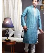 Rama Blue Embroidered Art Dupion Silk Mens Kurta Pajama
