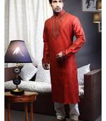 Reddish Maroon Embroidered Art Dupion Silk Mens Kurta Pajama