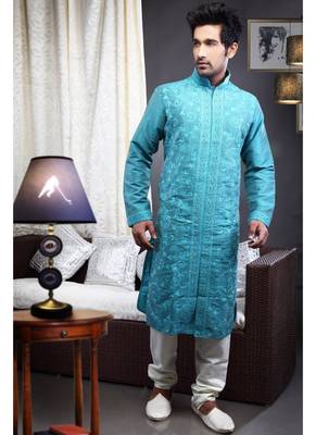 Rama Blue Embroidered Art Dupion Silk Mens Kurta Pajama 1