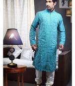 Rama Blue Embroidered Art Dupion Silk Mens Kurta Pajama