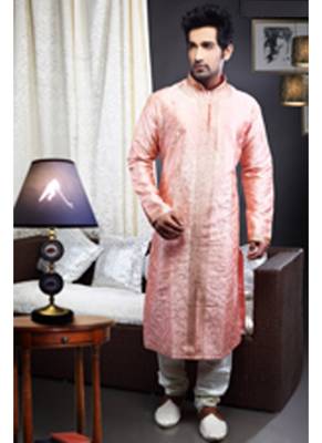 Peach  Embroidered Art Dupion Silk Mens Kurta Pajama 1