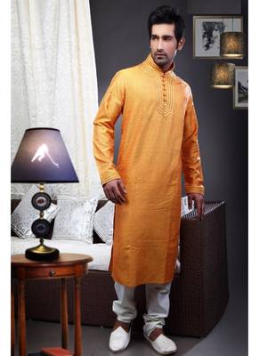 Mustard  Embroidered Art Dupion Silk Mens Kurta Pajama 1