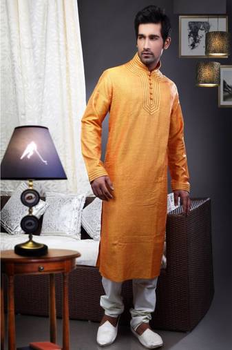 Mustard  Embroidered Art Dupion Silk Mens Kurta Pajama