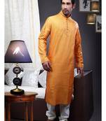 Mustard  Embroidered Art Dupion Silk Mens Kurta Pajama