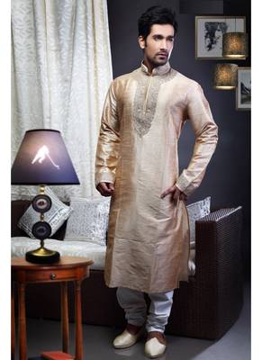 Brown Embroidered Art Dupion Silk Mens Kurta Pajama 1