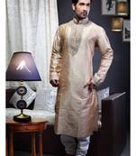 Brown Embroidered Art Dupion Silk Mens Kurta Pajama