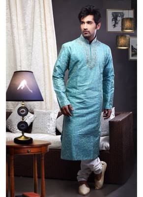 Aqua Blue Embroidered Art Dupion Silk Mens Kurta Pajama 1