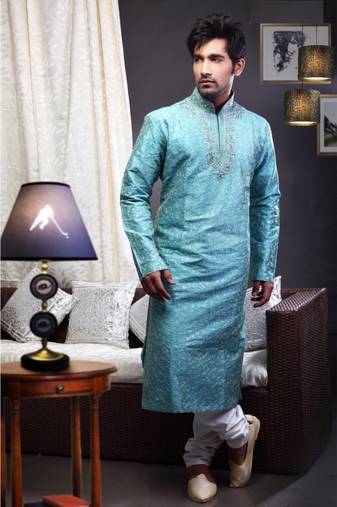 Aqua Blue Embroidered Art Dupion Silk Mens Kurta Pajama