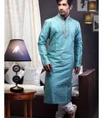 Aqua Blue Embroidered Art Dupion Silk Mens Kurta Pajama