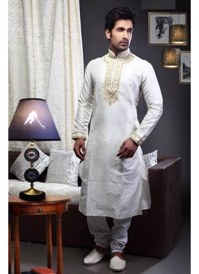Cream Embroidered Art Dupion Silk Mens Kurta Pajama 1