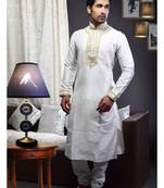 Cream Embroidered Art Dupion Silk Mens Kurta Pajama
