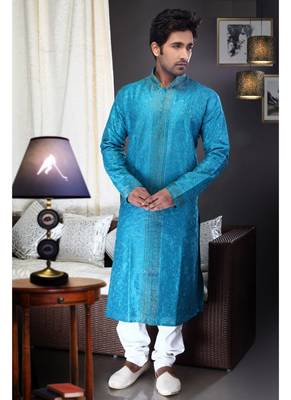 Rama Blue Embroidered Art Dupion Silk Mens Kurta Pajama 1