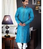 Rama Blue Embroidered Art Dupion Silk Mens Kurta Pajama