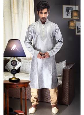 Light Grey Embroidered Art Dupion Silk Mens Kurta Pajama 1