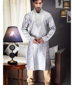 Light Grey Embroidered Art Dupion Silk Mens Kurta Pajama