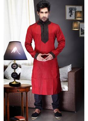 Reddish Maroon Embroidered Jacquard Mens Kurta Pajama 1