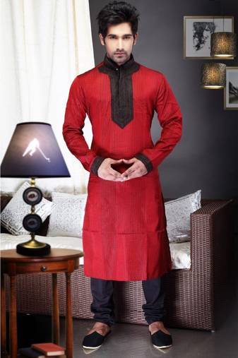 Reddish Maroon Embroidered Jacquard Mens Kurta Pajama