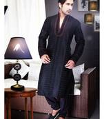 Black Embroidered Art Dupion Silk Mens Kurta Pajama