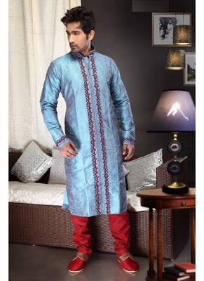 Firozi Embroidered Art Dupion Silk Mens Kurta Pajama 1