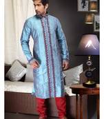 Firozi Embroidered Art Dupion Silk Mens Kurta Pajama