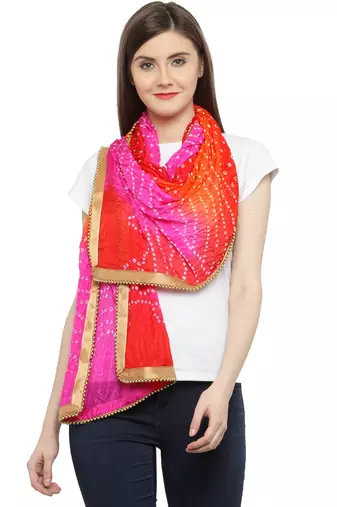 Geroo Jaipur Pink  And  Red Silk Printed Stole And Dupattas