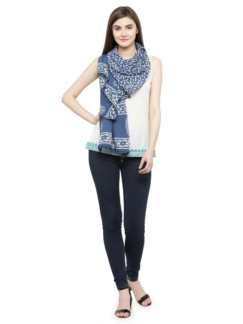Blue Cotton Block Printed Stole And Dupattas