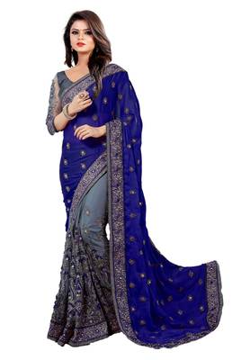 Navy blue embroidered georgette saree with blouse 1