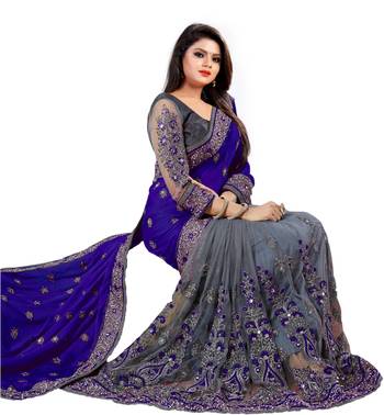 Navy blue embroidered georgette saree with blouse 3
