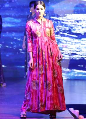 Pink Rayon Designer Long Party Wear Kurti 1