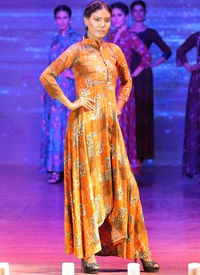 Orange Rayon Designer Long Party Wear Kurti 1
