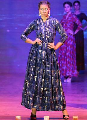 Navy Blue Rayon Designer Long Party Wear Kurti 1