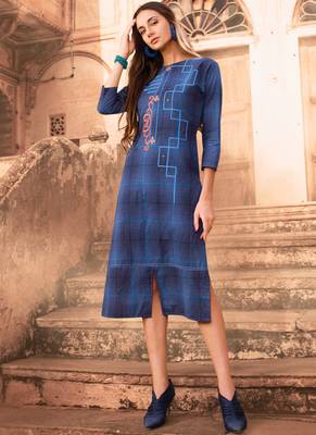 Blue Cotton Designer Long Party Wear Kurti 1