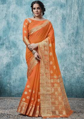 Orange plain cotton saree with blouse 1