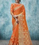 Orange plain cotton saree with blouse