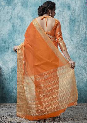 Orange plain cotton saree with blouse 2