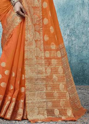 Orange plain cotton saree with blouse 3