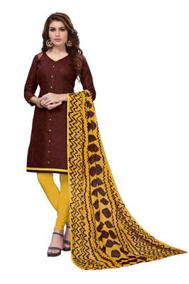 Brown Embroidered Cotton Blend Unstitched Salwar With Dupatta 1
